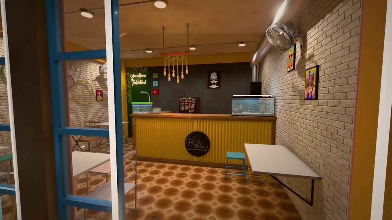 View through Café Destino's entrance toward the lit counter and aquarium