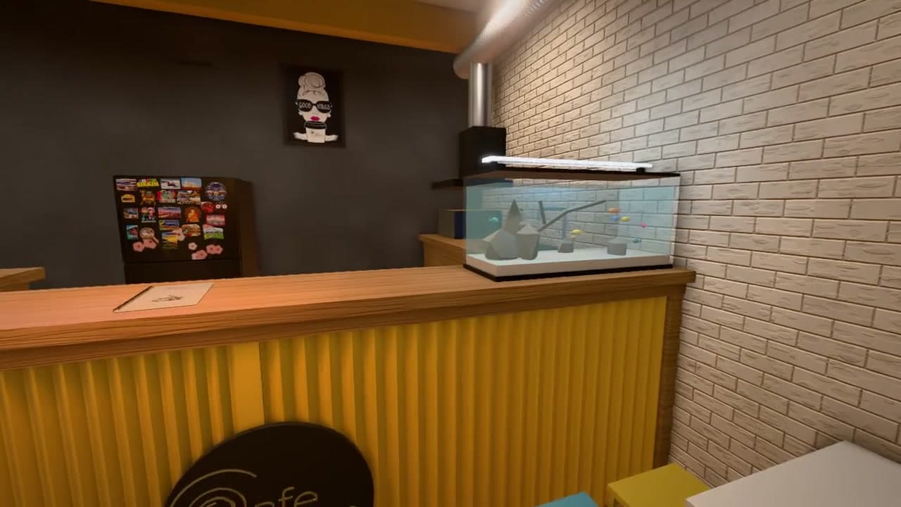 Close view of the café counter, aquarium, and interior details