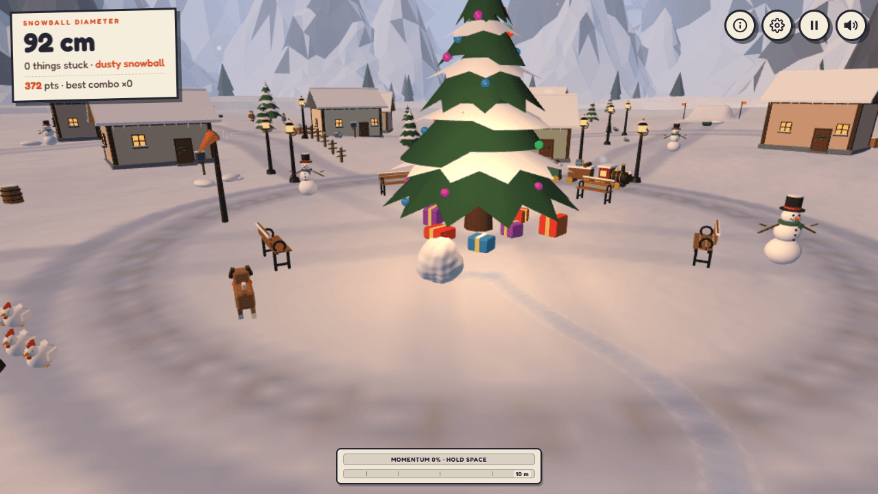 Snowball rolling through an alpine village with the run HUD visible