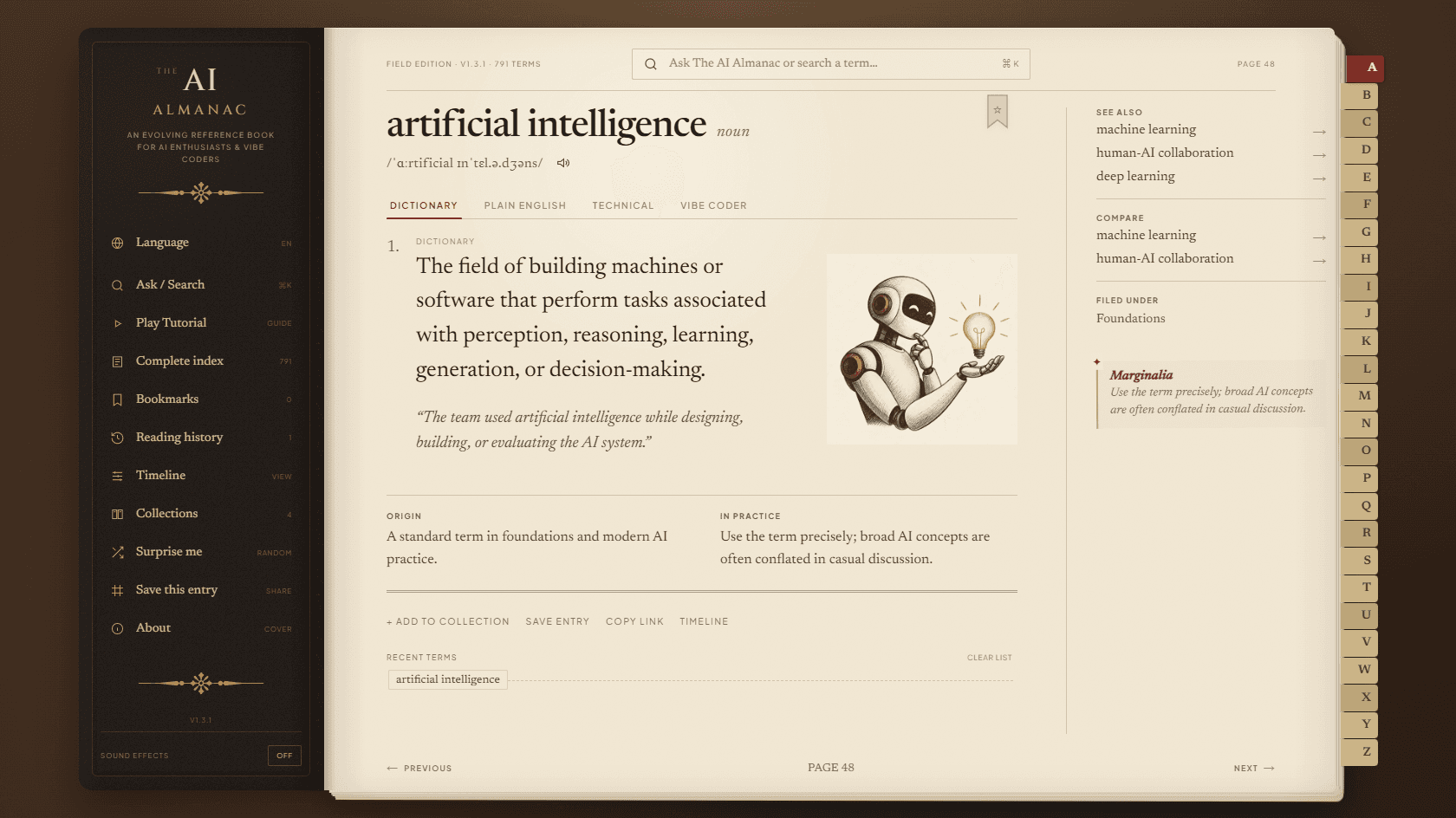 Artificial intelligence glossary entry in the Almanac book interface
