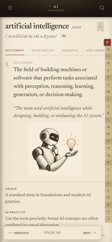 The AI Almanac responsive book interface on a mobile screen